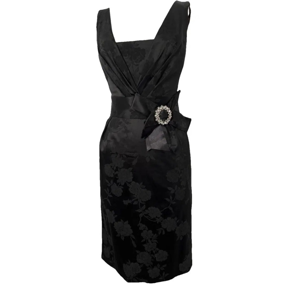 Dolce Gabbana Floral Black Crystal Brooch Mid Length Dress